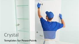  Presentation with contractor - Presentation theme with installer-contractor-at-furniture-assembling background and a sky blue colored foreground
