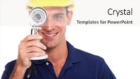  Presentation with cctv camera - PPT theme enhanced with installer looking through cctv camera background and a sky blue colored foreground