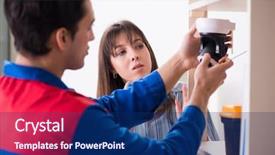  Presentation with contractor - Presentation design having installing - client getting securty camera installed background and a navy blue colored foreground