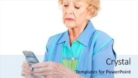  Presentation with 2018 goals text on white - Audience pleasing slides consisting of instant messaging - senior woman trying to text backdrop and a  colored foreground