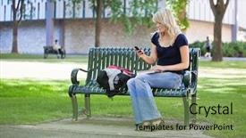  Presentation with college campus - Theme featuring instant messaging - young female student using cell background and a seafoam green colored foreground