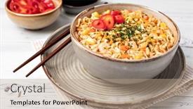  Presentation with instant noodles - Presentation design with instant-noodles-on-a-table background and a coral colored foreground