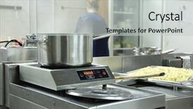  Presentation with cafe - Beautiful PPT layouts featuring institucional - interior of a cafe kitchen backdrop and a  colored foreground