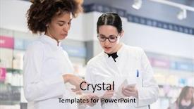  Presentation with information - Slide deck having instruction - two female pharmacists reading background and a light gray colored foreground