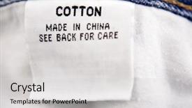  Presentation with agriculture cotton - Colorful theme enhanced with instructional materials - cotton label closeup on clothing backdrop and a light gray colored foreground