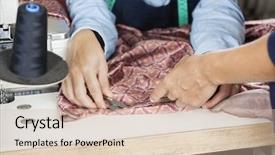  Presentation with sewing - Presentation theme featuring instructional materials - tailor instructing employee in sewing background and a soft green colored foreground