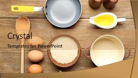  Presentation with cooking utensils - Colorful slide deck enhanced with instructional tool - food ingredients and kitchen utensils backdrop and a  colored foreground