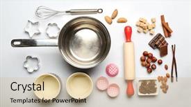  Presentation with cooking utensils - PPT theme with instructional tool - food ingredients and kitchen utensils background and a soft green colored foreground