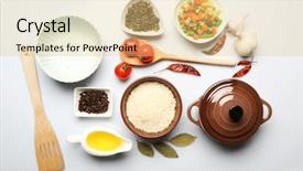  Presentation with cooking utensils - Slides having instructional tool - food ingredients and kitchen utensils background and a yellow colored foreground