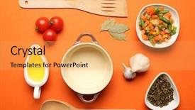  Presentation with cooking utensils - Cool new slide deck with instructional tool - food ingredients and kitchen utensils backdrop and a yellow colored foreground