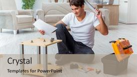  Presentation with furniture - Beautiful presentation featuring instructional tool - man assembling furniture at home backdrop and a  colored foreground