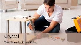  Presentation with home - Audience pleasing slides consisting of instructional tool - man assembling shelf at home backdrop and a coral colored foreground