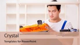  Presentation with 3d man puzzle assembling - Slide deck having instructional tool - worker man repairing assembling bookshelf background and a coral colored foreground