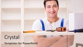  Presentation with 3d man puzzle assembling - Audience pleasing PPT theme consisting of instructional tool - worker man repairing assembling bookshelf backdrop and a  colored foreground