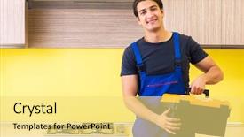  Presentation with kitchen furniture - Colorful PPT layouts enhanced with instructional tool - young service contractor assembling kitchen backdrop and a yellow colored foreground
