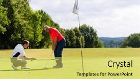  Presentation with helping man - Audience pleasing PPT theme consisting of instructor - senior man practicing golf backdrop and a yellow colored foreground