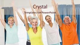  Presentation with seniors - PPT layouts enhanced with instructor doing exercises with seniors during sports class background and a lemonade colored foreground