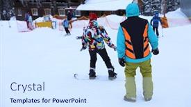  Presentation with snowboard - Amazing slides having instructor giving snowboard lessons for young woman at snowy resort winter vacation backdrop and a sky blue colored foreground