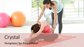 Presentation with helping - Amazing PPT layouts having instructor helping woman to practice backdrop and a coral colored foreground