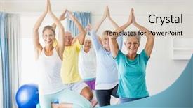  Presentation with active seniors senior e - Colorful presentation enhanced with instructor performing yoga with seniors backdrop and a  colored foreground