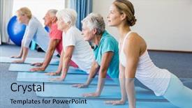  Presentation with seniors - Slides featuring instructor performing yoga with seniors background and a light blue colored foreground