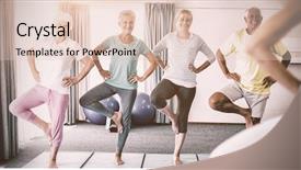  Presentation with seniors - PPT theme with instructor performing yoga with seniors background and a  colored foreground