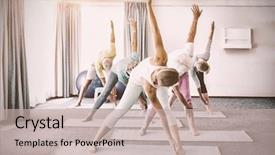  Presentation with seniors - Presentation design featuring instructor performing yoga with seniors background and a mint green colored foreground