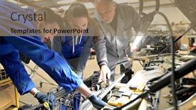  Presentation with car engine - Colorful PPT layouts enhanced with instructor-with-trainees-working backdrop and a coral colored foreground