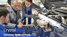  Presentation with car engine - Slides with instructor-with-trainees-working background and a ocean colored foreground