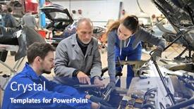  Presentation with car engine - PPT layouts consisting of instructor-with-trainees-working background and a ocean colored foreground