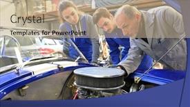  Presentation with engine - Theme having instructor-with-trainees-working background and a coral colored foreground