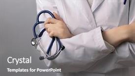  Presentation with medical hand - PPT theme featuring medical instruments - closeup of female doctor's hand background and a gray colored foreground