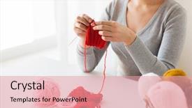  Presentation with needles - Presentation with homemade instruments - people and needlework concept background and a coral colored foreground