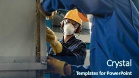  Presentation with industrial workers - Colorful presentation theme enhanced with insulating an industrial pressure vessel backdrop and a ocean colored foreground