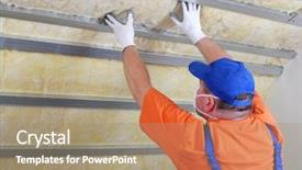  Presentation with worker - Slide deck featuring insulation - construction worker thermally insulating house background and a coral colored foreground