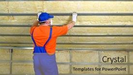  Presentation with construction - Slide set consisting of insulation - construction worker thermally insulating house background and a coral colored foreground