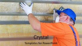  Presentation with mineral - PPT theme consisting of insulation - construction worker thermally insulating house background and a coral colored foreground