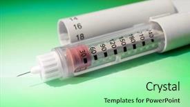  Presentation with insulin - Colorful slide set enhanced with coffee beans in a volumetric a metal spoon against the background of cookware and kitchen items that can be seen in part few grains scattered on the table backdrop and a gray colored foreground.