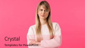 Presentation with young woman wearing boxer gloves - Slides with insult - upset young blonde woman wearing background and a coral colored foreground