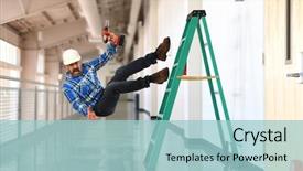  Presentation with building insurance - Cool new PPT theme with insurance - construction worker falling off backdrop and a light blue colored foreground