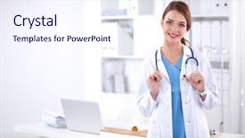  Presentation with doctor helps to get out of bed an elderly woman - PPT theme consisting of insurance - portrait young woman doctor background and a sky blue colored foreground