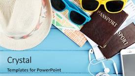  Presentation with travel - Cool new slide deck with insurance - sunglasses passports hats and map backdrop and a light blue colored foreground