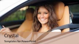  Presentation with driving - Slide deck featuring insurance - young woman driving her car background and a coral colored foreground