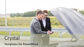  Presentation with health insurance booklet - Colorful theme enhanced with insurance agent analyzing breakdown car backdrop and a mint green colored foreground