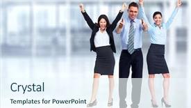  Presentation with team - Colorful slide deck enhanced with insurance educational conferences - happy business team backdrop and a  colored foreground