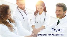  Presentation with medical amputation hand amputated - Slides enhanced with insurance educational conferences - medical team with hands clasped background and a  colored foreground