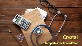  Presentation with pills money - Presentation theme with insurance long term care - medical concept notebook with money background and a tawny brown colored foreground
