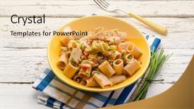  Presentation with tomatoes mechanism - Slide deck featuring integral pasta with chive tomatoes background and a lemonade colored foreground