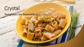  Presentation with plantation tomatoes - PPT theme featuring integral pasta with chive tomatoes background and a coral colored foreground