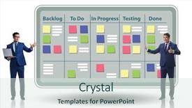  Presentation with management - Cool new slide deck with integrated management - businessman in agile methods concept backdrop and a sky blue colored foreground